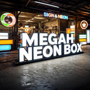 Pemasangan huruf timbul akrilik menyala di sebuah ruko area Bekasi yang terlihat modern dan profesional.