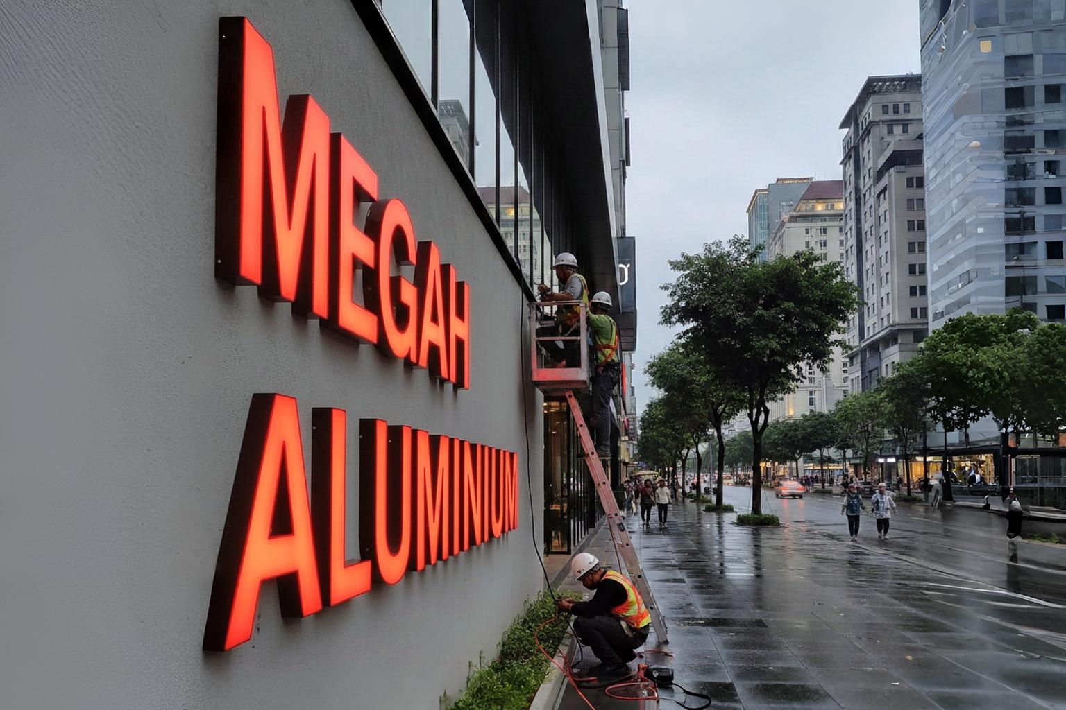 Contoh huruf timbul vinyl warna merah yang menyala terang pada malam hari di depan sebuah kafe.