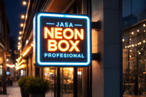 Neon box custom akrilik menyala indah di depan toko pada malam hari untuk promosi bisnis efektif.