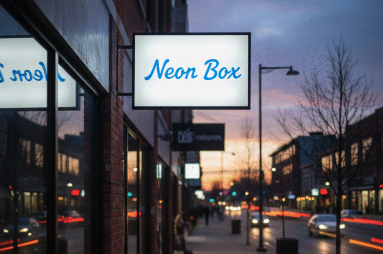 Desain neon box acrylic modern untuk papan nama toko dengan lampu LED terang dan bingkai besi kokoh.