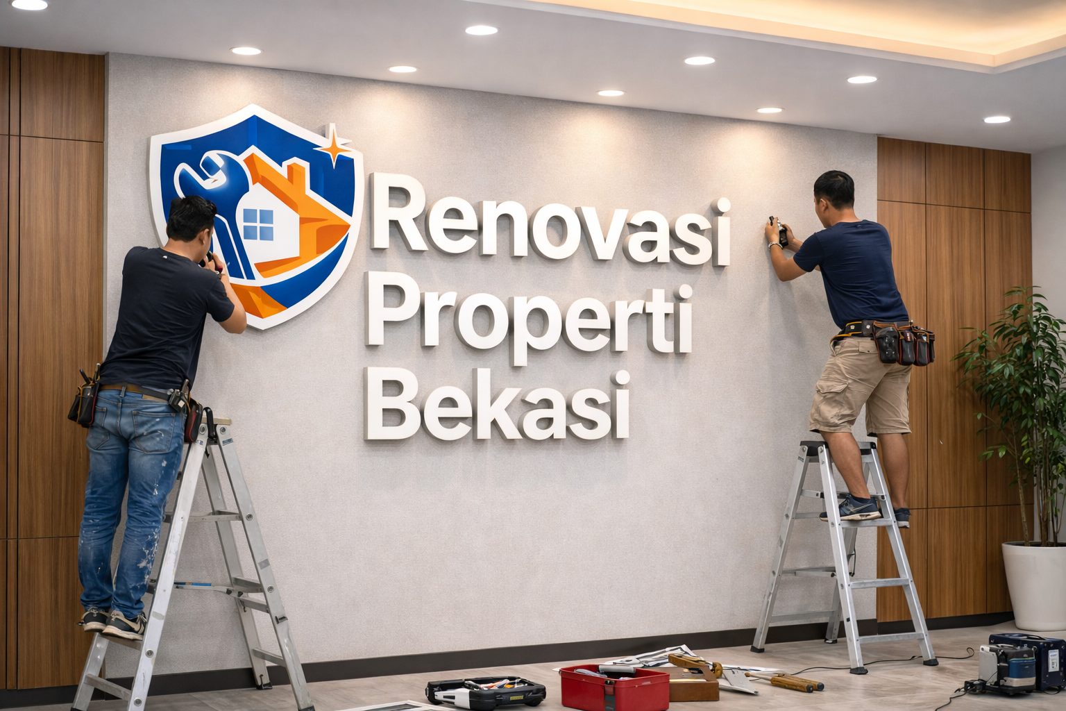 Huruf timbul indoor akrilik terpasang rapi di dinding interior kantor dengan desain modern dan pencahayaan elegan