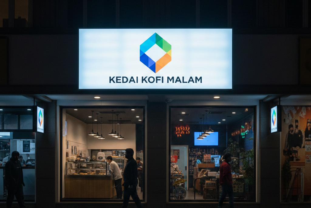 Neon box vinyl berkualitas dengan lampu LED terang untuk promosi toko di malam hari.