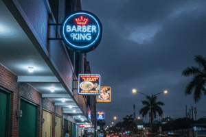 Neon box berkualitas dengan lampu LED terang dan desain elegan untuk papan nama toko di pinggir jalan.