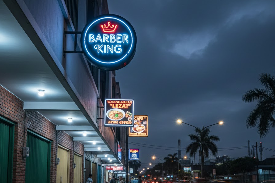Neon box berkualitas dengan lampu LED terang dan desain elegan untuk papan nama toko di pinggir jalan.