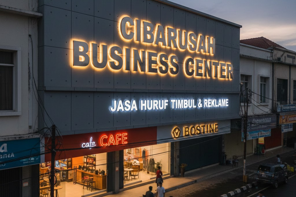 Pemasangan huruf timbul murah di ruko wilayah Cibarusah dengan desain akrilik LED menyala tampak depan bangunan usaha