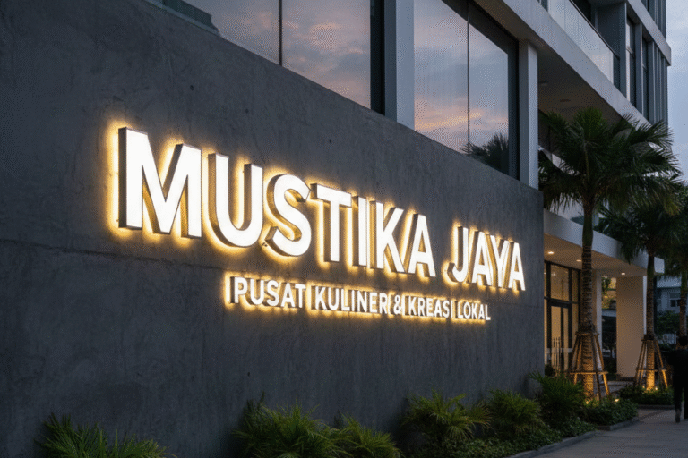 Hasil pemasangan huruf timbul custom akrilik dengan lampu LED pada fasad toko modern yang terlihat estetik.