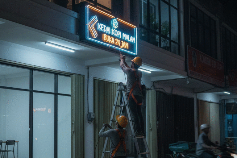 Neon box akrilik menyala terang di depan toko saat malam hari.