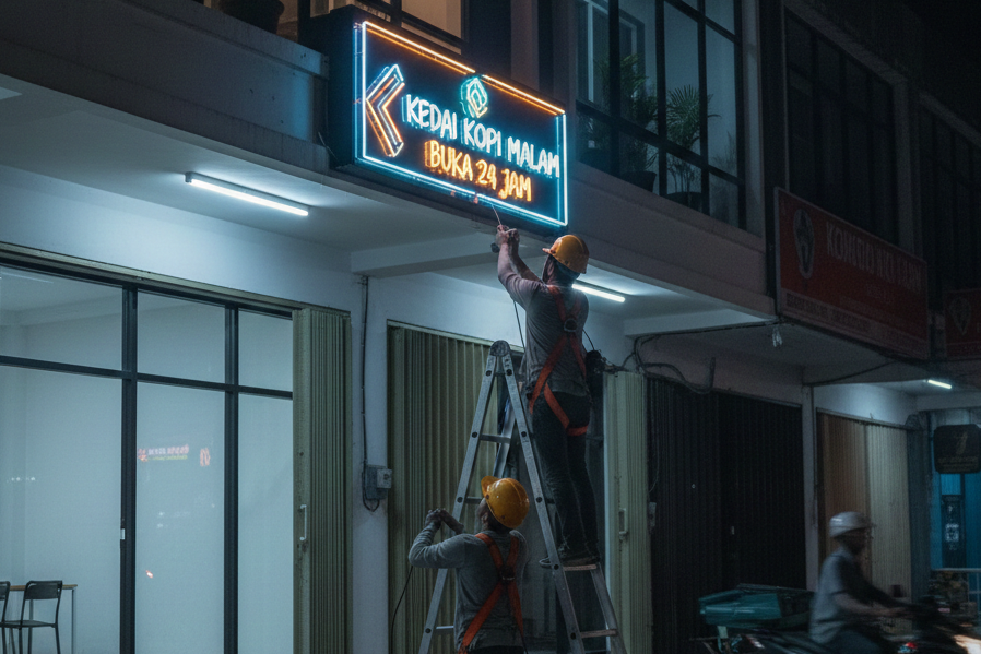 Neon box akrilik menyala terang di depan toko saat malam hari.