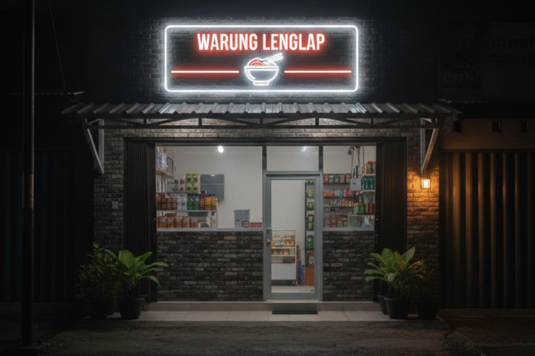 Neon box toko minimalis yang menyala terang di malam hari.