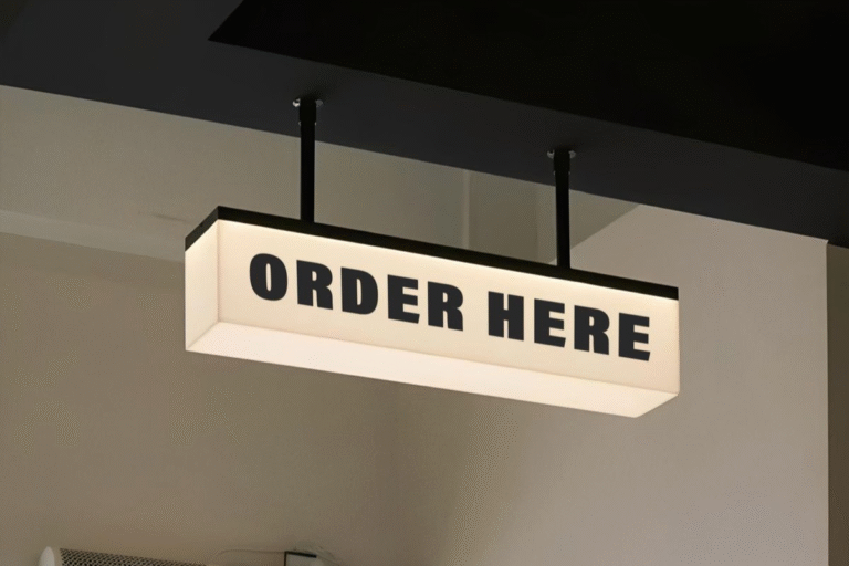 Pemasangan neon box acrylic menyala terang di depan ruko daerah Bekasi pada malam hari.