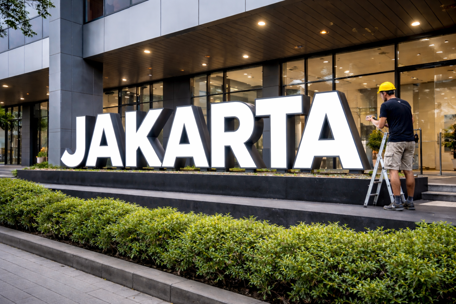 Pemasangan huruf timbul stainless steel yang elegan pada fasad gedung perkantoran modern di kawasan Jakarta Selatan.