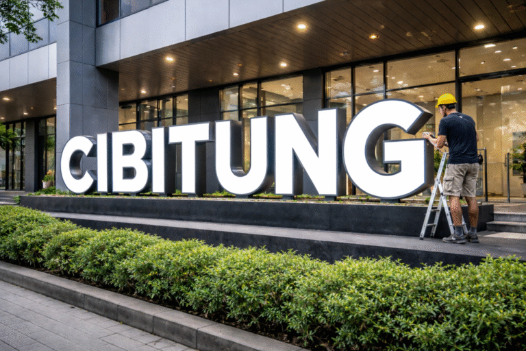 Pemasangan huruf timbul akrilik menyala pada dinding kantor di kawasan industri Cibitung Bekasi.