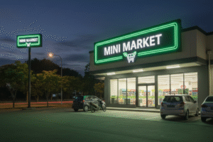 Neon box outdoor minimarket dengan lampu LED terang dan material akrilik premium tahan cuaca untuk promosi toko.