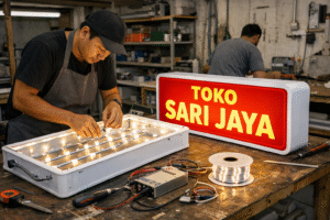 Proses pembuatan neon box akrilik oleh tukang profesional menggunakan lampu LED hemat energi untuk papan nama toko.