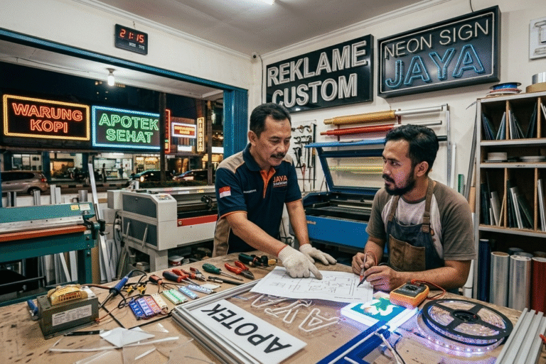 Neon box acrylic berkualitas dengan lampu LED terang untuk papan nama toko minimalis dan modern.