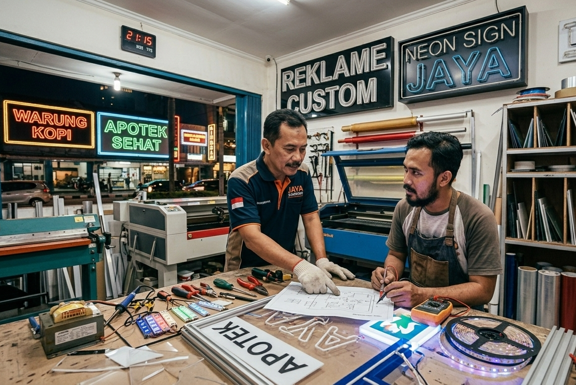 Neon box acrylic berkualitas dengan lampu LED terang untuk papan nama toko minimalis dan modern.