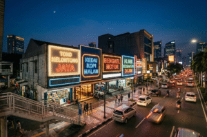 Hasil akhir papan nama huruf timbul vinyl dengan lampu LED menyala malam hari.