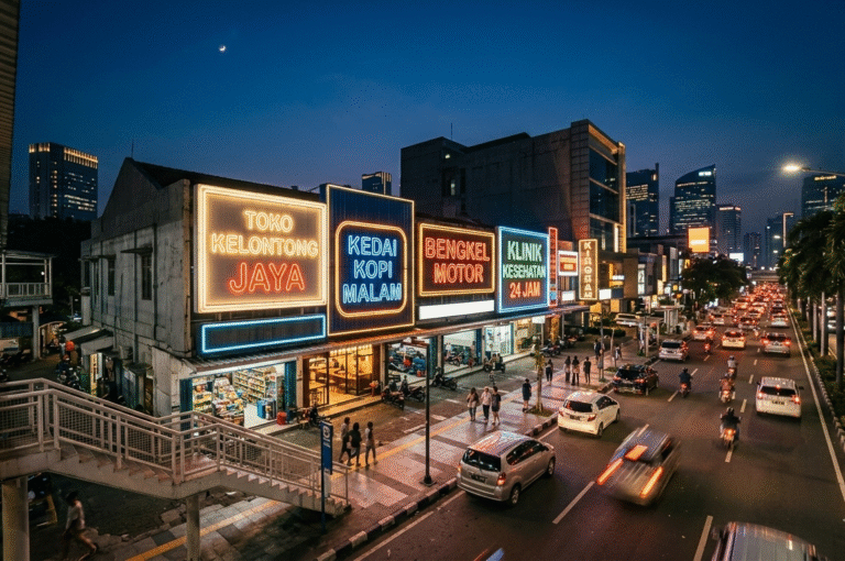 Hasil akhir papan nama huruf timbul vinyl dengan lampu LED menyala malam hari.