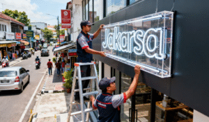 Proses pemasangan neon box akrilik profesional di kawasan Jagakarsa Jakarta Selatan menggunakan lampu LED hemat energi.