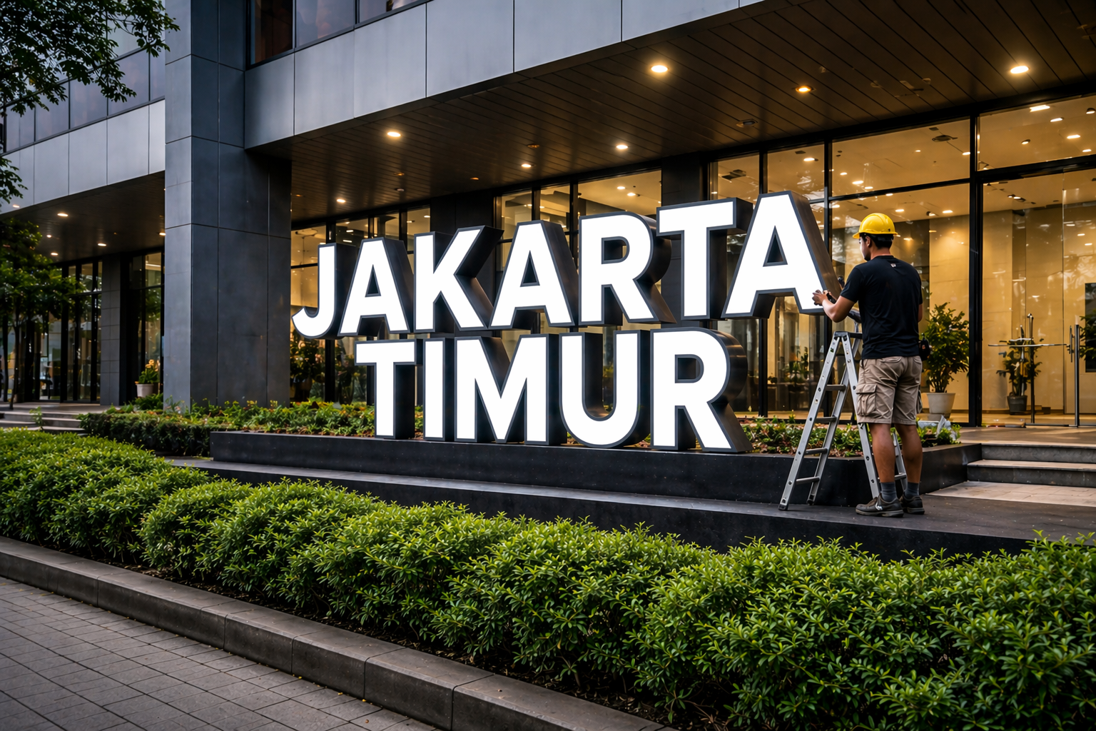 Teknisi profesional sedang mengukur posisi pemasangan huruf timbul di gedung komersial.
