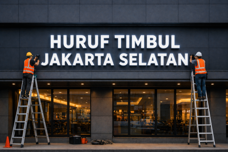 Huruf timbul akrilik menyala dengan lampu LED untuk toko di Jakarta Selatan.