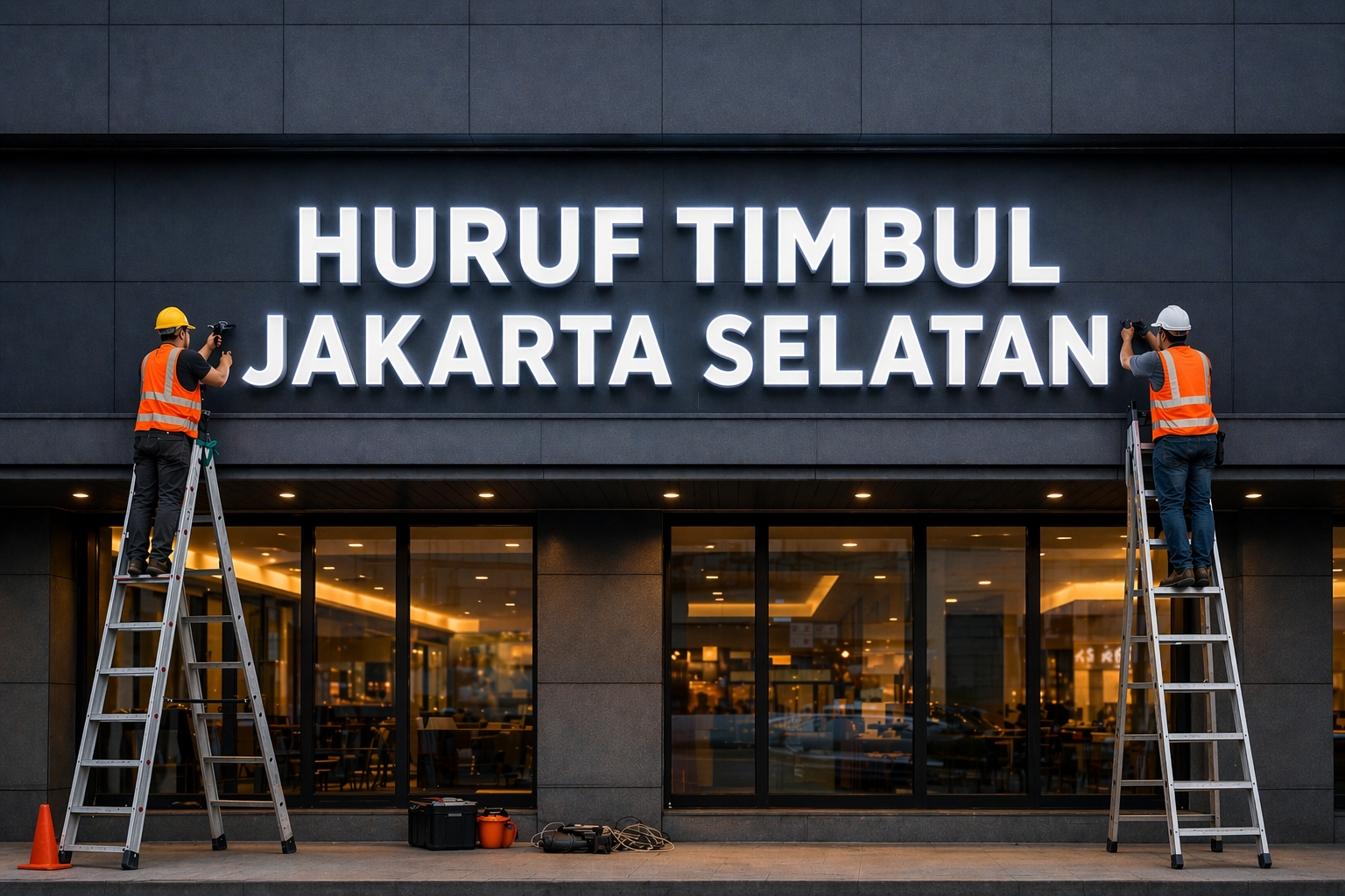 Huruf timbul akrilik menyala dengan lampu LED untuk toko di Jakarta Selatan.