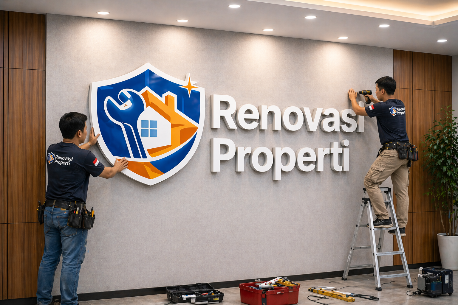 Proses pemasangan huruf timbul custom akrilik menyala