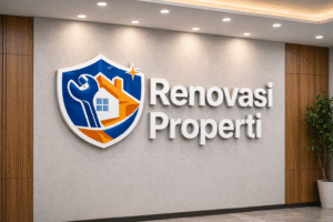 Huruf timbul stainless steel mirror mengkilap untuk papan nama kantor di Jakarta Timur.