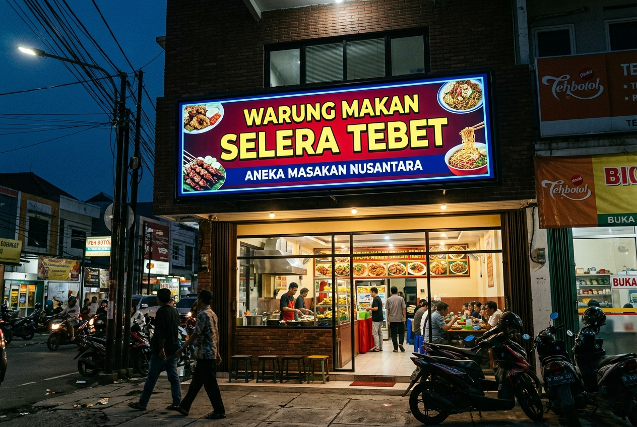 Hasil pemasangan neon box vinyl di Tebet untuk toko kuliner yang tampak terang.